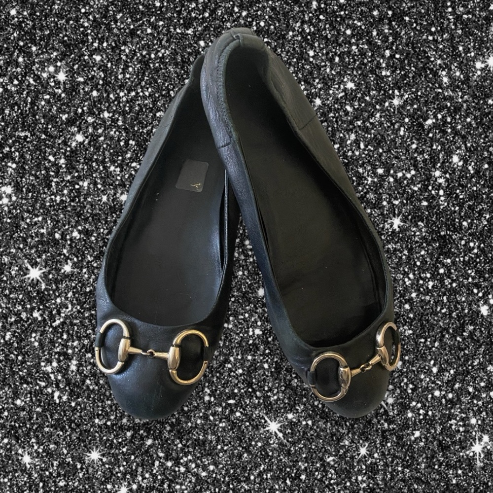 Gucci Black Leather Horsebit Ballet Flats
